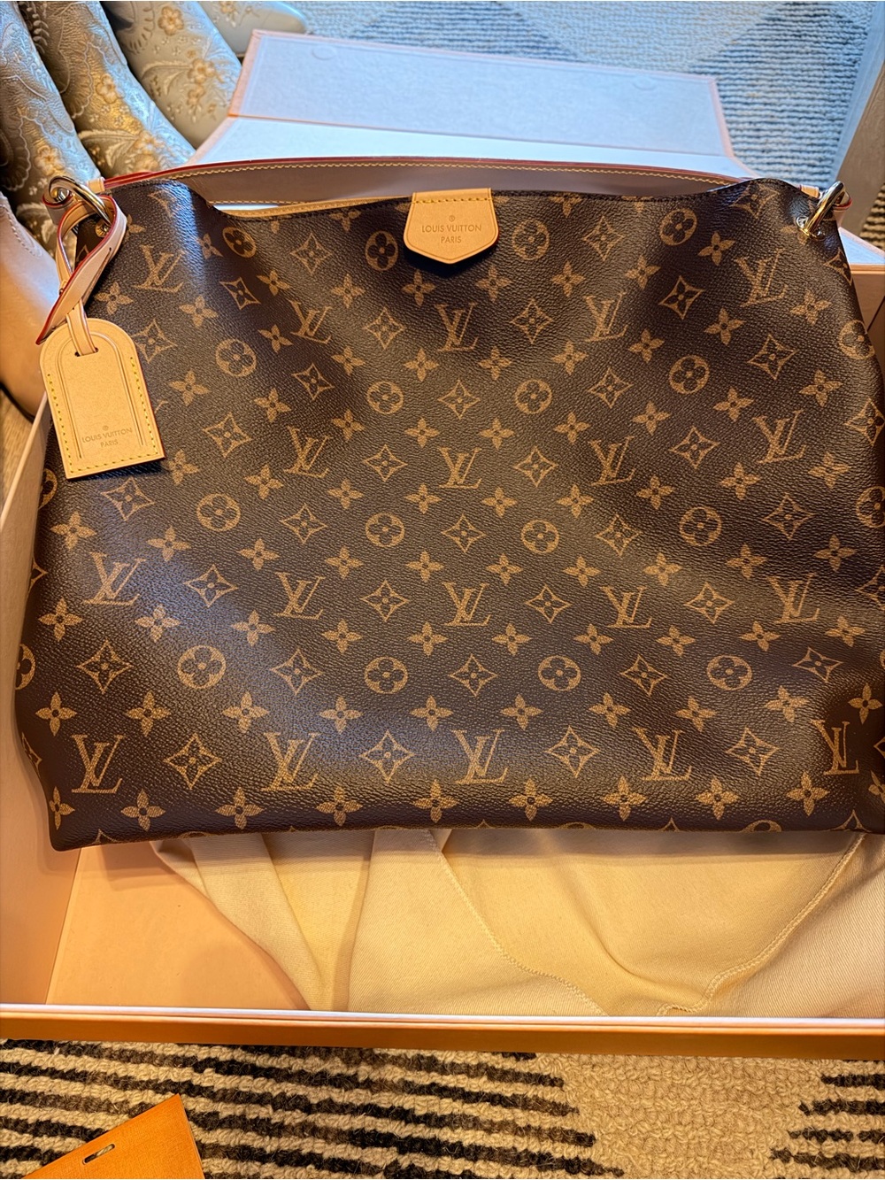Louis Vuitton Monogram Canvas Shoulder Hobo with Red-Trim Handle - Picture 5 of 9